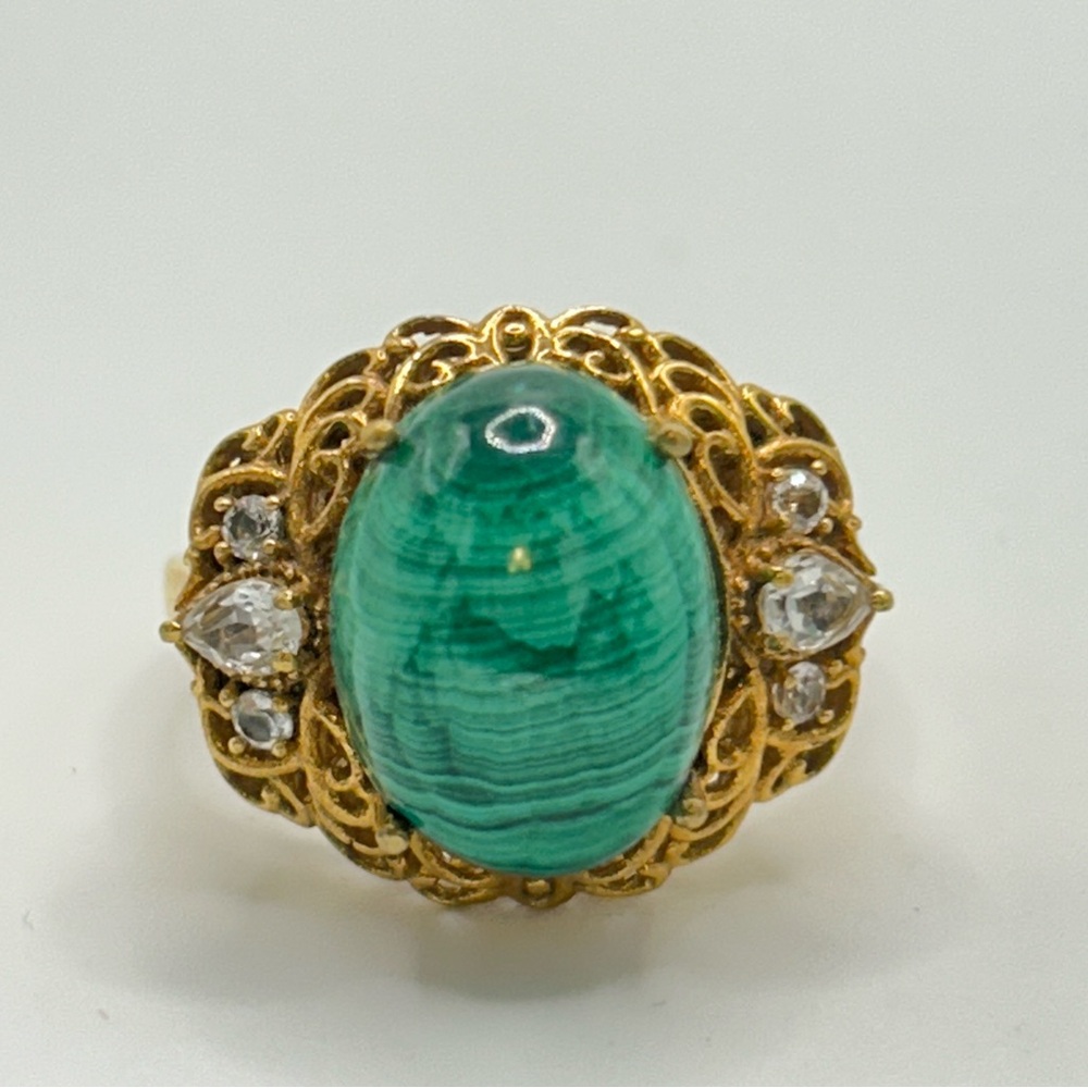 Malachite and White Sapphire Ring; Size 10; GdB